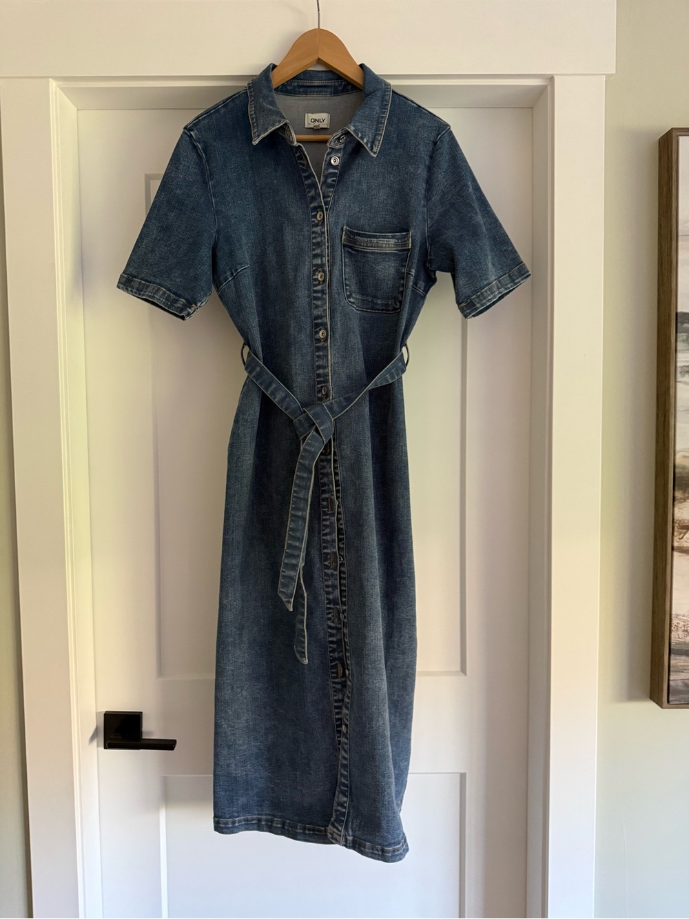 Only Dark Blue Denim Midi Shirt Dress with Tie Belt